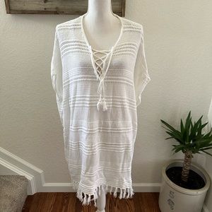 Tommy Bahama white crochet linen cotton knit cover up poncho beach vacation L/XL